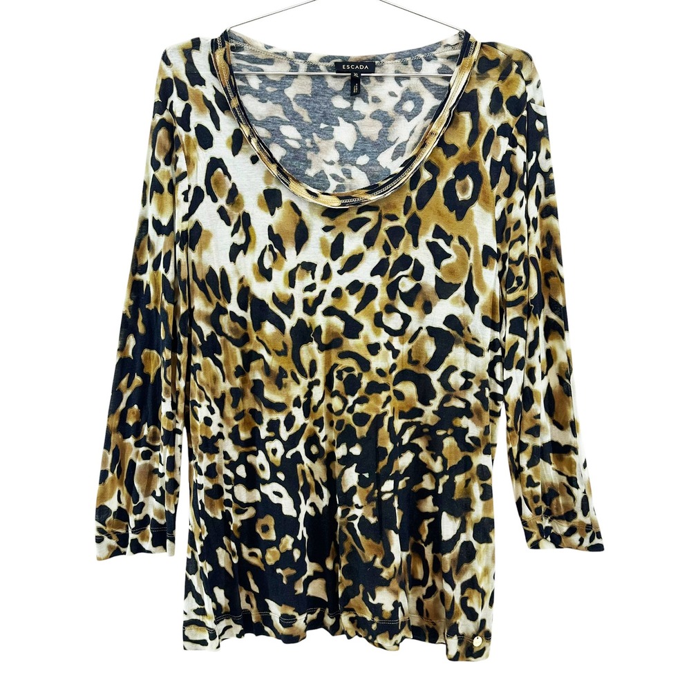 ESCADA Silk Blend Leopard Print Scoop Neck Blouse • XL • brown beige chic indie
